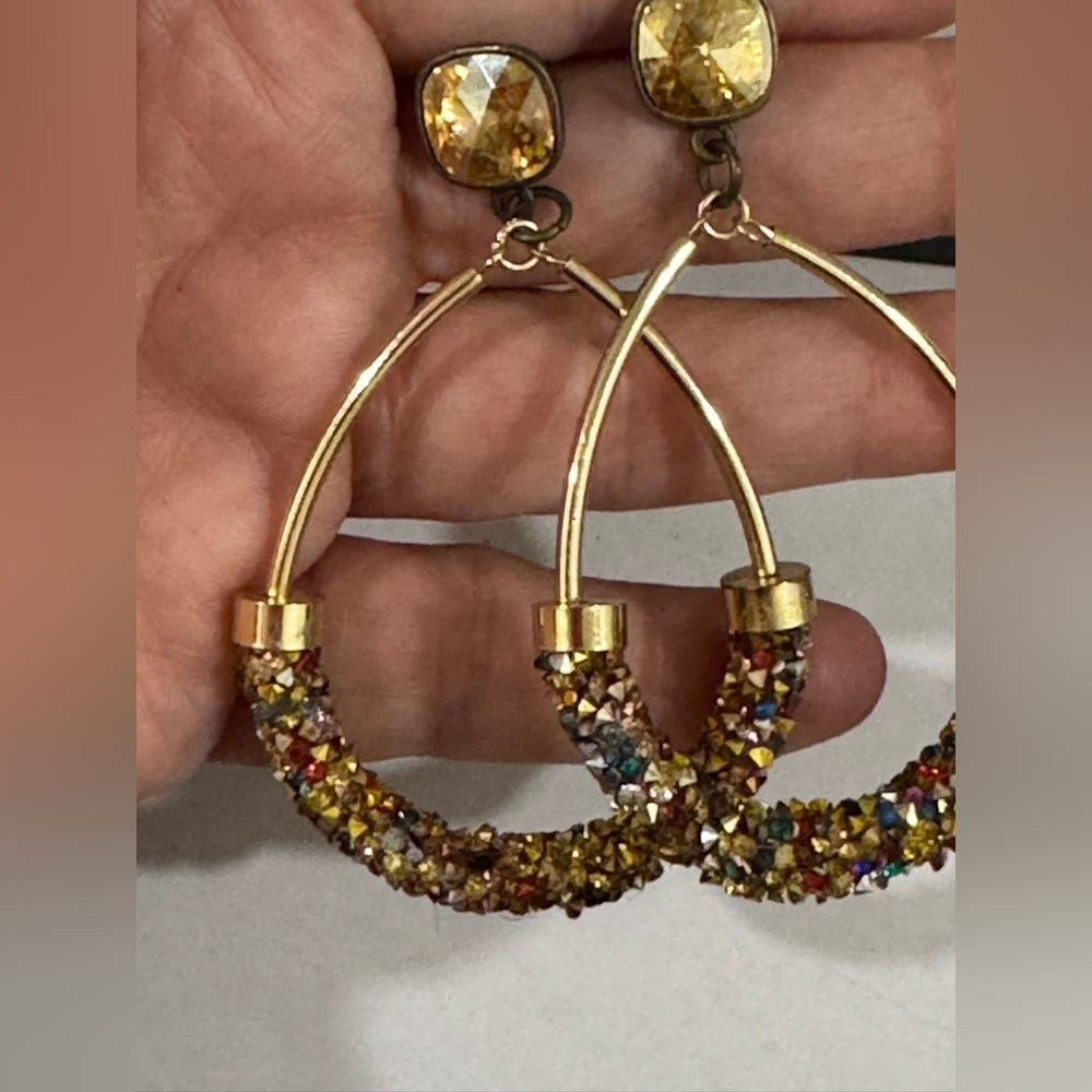 Pink Panache Gold & Crystal Drop Hoop Earrings – Sparkly Statement - Picture 4 of 4